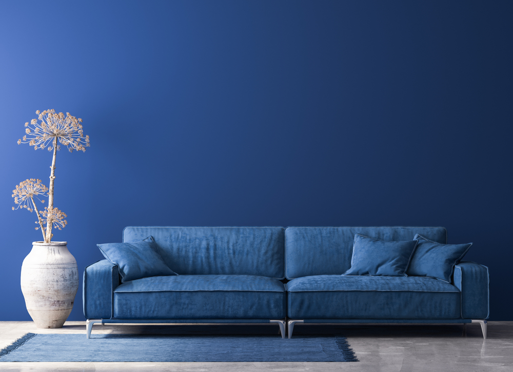 blue couch in front of deep blue wall