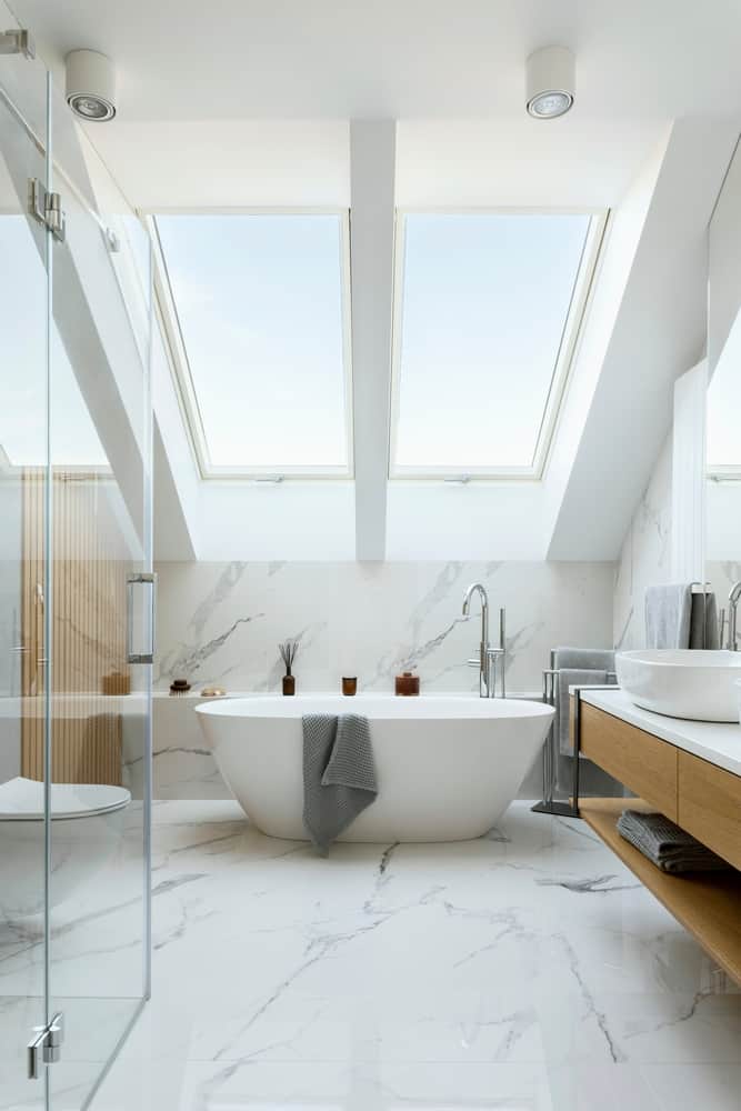 modern bathroom with large skylight